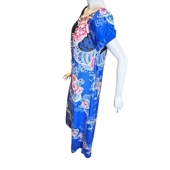 NEW Vintage 70s Sears Blue Hawaiian Print Full Length Caftan Medium Deadstock - Picture 5 of 10